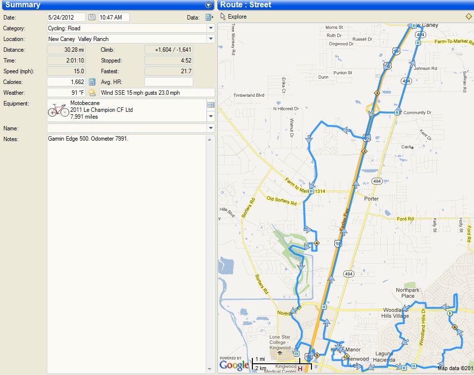 5 24 2012 Bike Ride Data And Route Map 